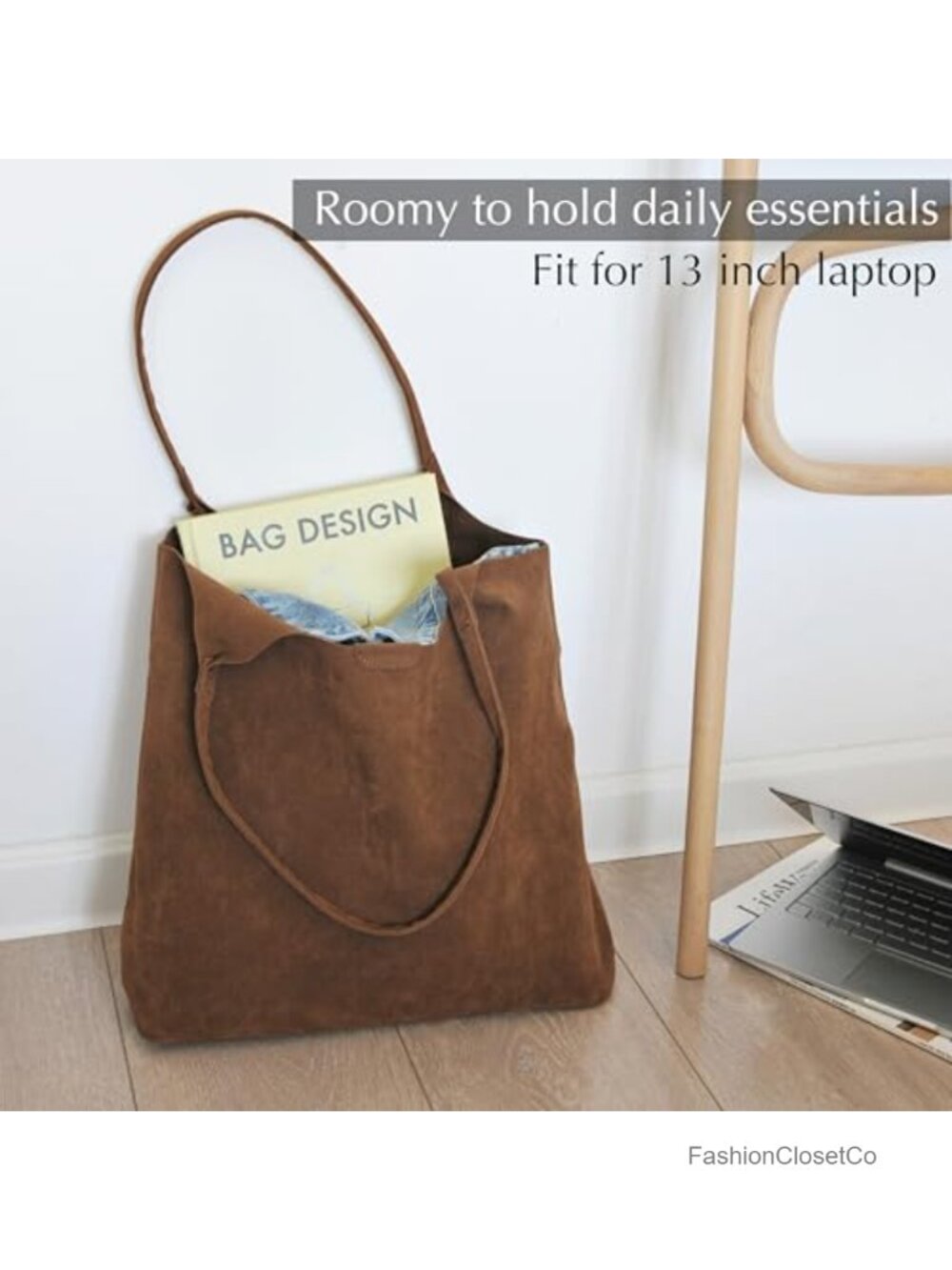Faux Suede Tote Bag with Magnetic Closure, Hobo Handbag, Casual Vegan Leather - Picture 4 of 6